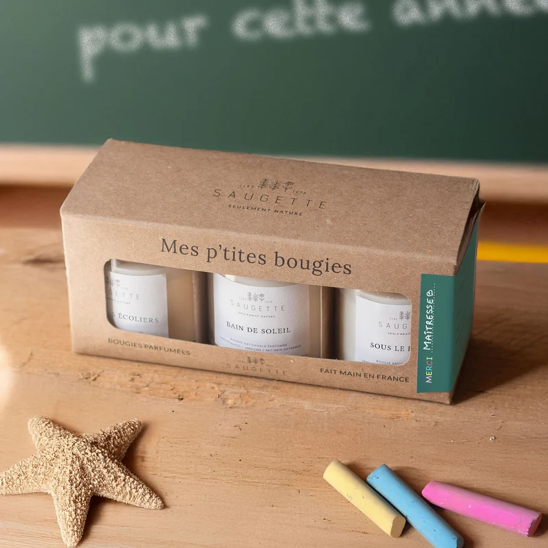Coffret cadeau Merci Maîtresse, Maître, Nounou, ATSEM - 3 Bougies artisanales parfumées à la cire de soja naturelle - Colle des écoliers, Bain de soleil et Sous le figuier.