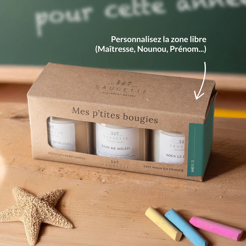 Coffret cadeau Merci Maîtresse, Maître, Nounou, ATSEM - 3 Bougies artisanales parfumées à la cire de soja naturelle - Colle des écoliers, Bain de soleil et Sous le figuier.