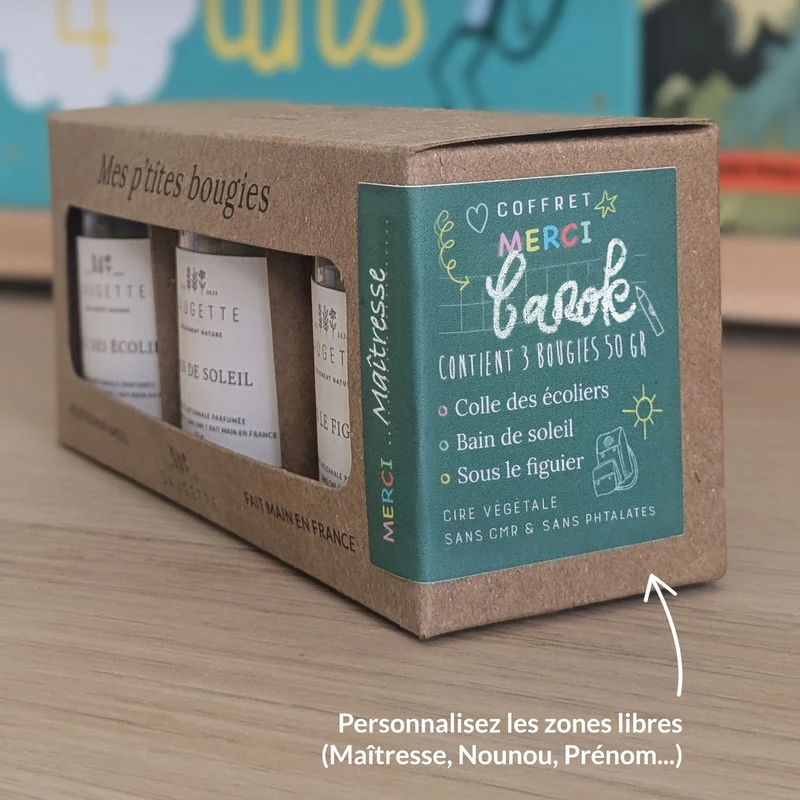 Coffret cadeau Merci Maîtresse, Maître, Nounou, ATSEM - 3 Bougies artisanales parfumées à la cire de soja naturelle - Colle des écoliers, Bain de soleil et Sous le figuier.