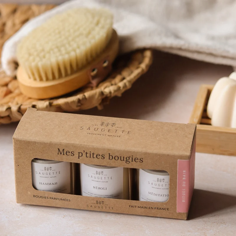 Coffret Rituel du bain - 3 Bougies artisanales parfumées à la cire de soja naturelle - Hammam, Néroli, Méditation.
