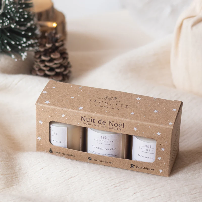 Coffret Nuit de Noël - 3 Bougies artisanales parfumées à la cire de soja naturelle - Forêt de sapins, Au coin du feu et Pain d'épices.