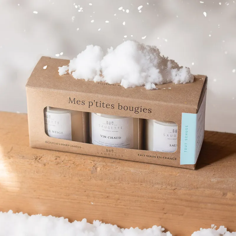 Coffret Tout schuss - 3 Bougies artisanales parfumées à la cire de soja naturelle - Première neige, Vin chaud et Sauna.