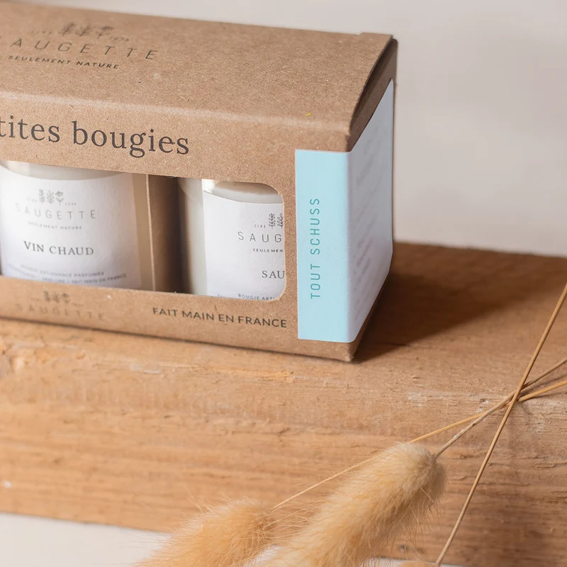 Coffret Tout schuss - 3 Bougies artisanales parfumées à la cire de soja naturelle - Première neige, Vin chaud et Sauna.
