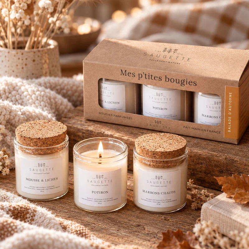 Coffret Balade d'automne - 3 Bougies artisanales parfumées à la cire de soja naturelle - Mousse et Lichen, Potiron et Marrons chauds.
