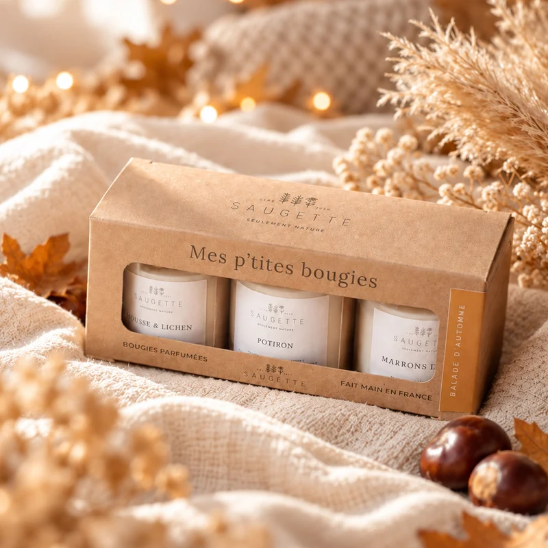 Coffret Balade d'automne - 3 Bougies artisanales parfumées à la cire de soja naturelle - Mousse et Lichen, Potiron et Marrons chauds.