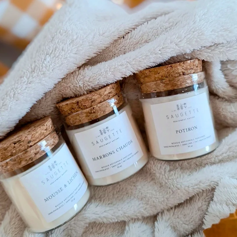 Coffret Balade d'automne - 3 Bougies artisanales parfumées à la cire de soja naturelle - Mousse et Lichen, Potiron et Marrons chauds.