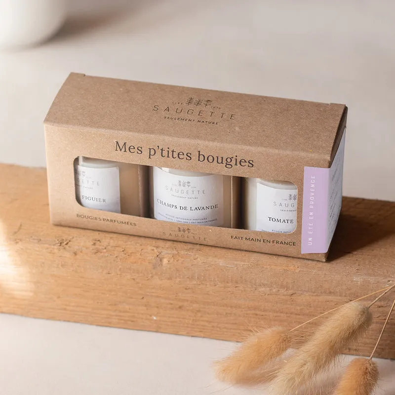 Coffret Un été en Provence - 3 Bougies artisanales parfumées à la cire de soja naturelle - Sous le figuier, Champs de lavande et Tomate basilic.
