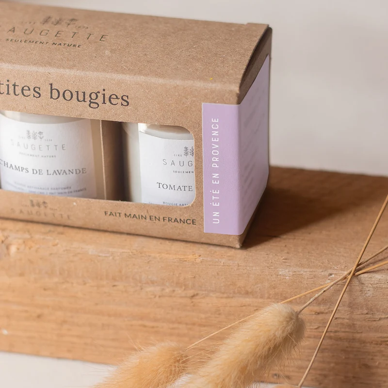 Coffret Un été en Provence - 3 Bougies artisanales parfumées à la cire de soja naturelle - Sous le figuier, Champs de lavande et Tomate basilic.