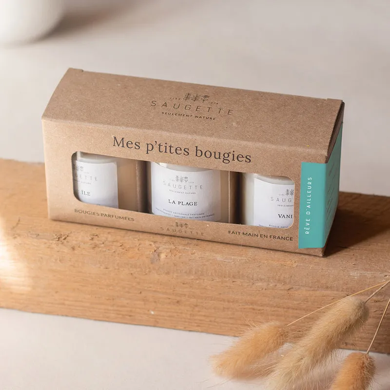 Coffret Rêve d’ailleurs - 3 Bougies artisanales parfumées à la cire de soja naturelle - Une île, La Plage et Vanille.