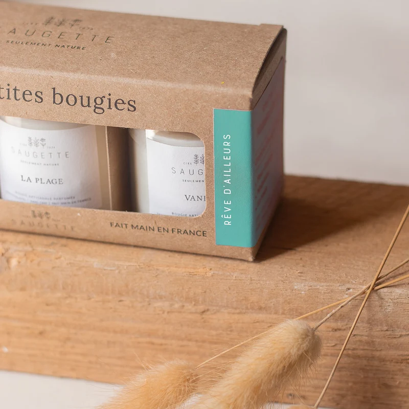 Coffret Rêve d’ailleurs - 3 Bougies artisanales parfumées à la cire de soja naturelle - Une île, La Plage et Vanille.