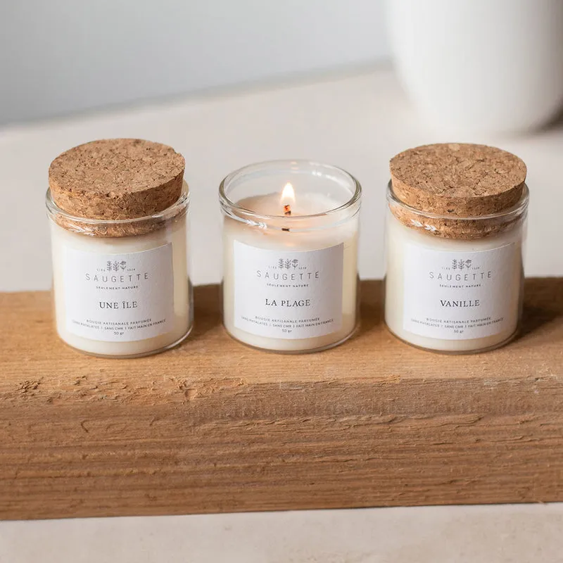 Coffret Rêve d’ailleurs - 3 Bougies artisanales parfumées à la cire de soja naturelle - Une île, La Plage et Vanille.