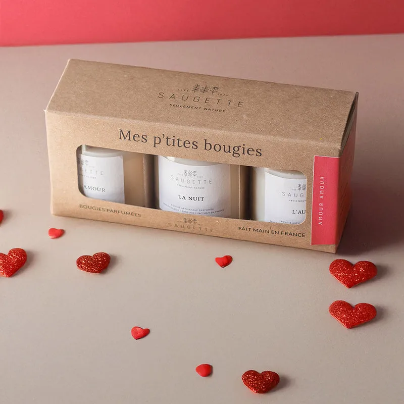 Coffret Amour Amour - 3 Bougies artisanales parfumées à la cire de soja naturelle - Thé d’amour, La Nuit et L’aube.