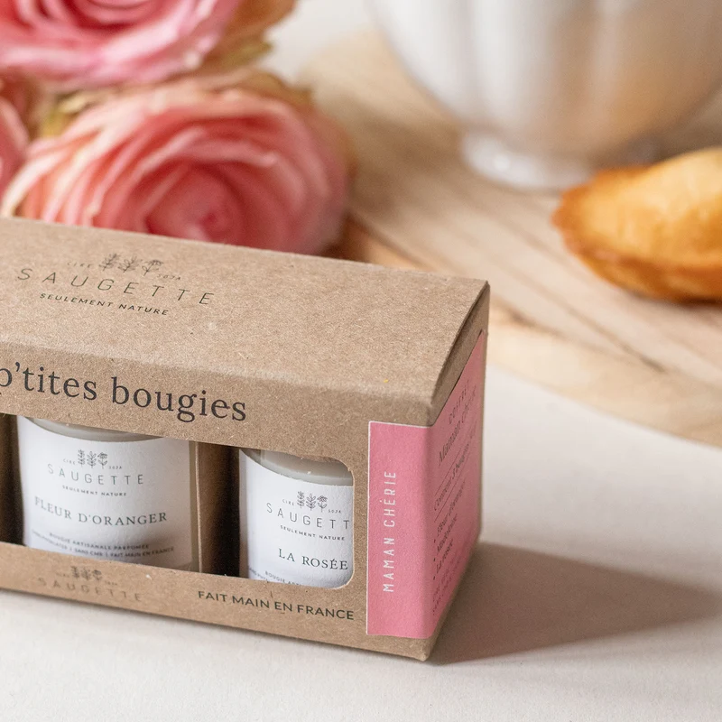 Coffret Maman Chérie - 3 Bougies artisanales parfumées à la cire de soja naturelle - Madeleine, Fleur d'oranger, La rosée - Cadeau de fête des mères