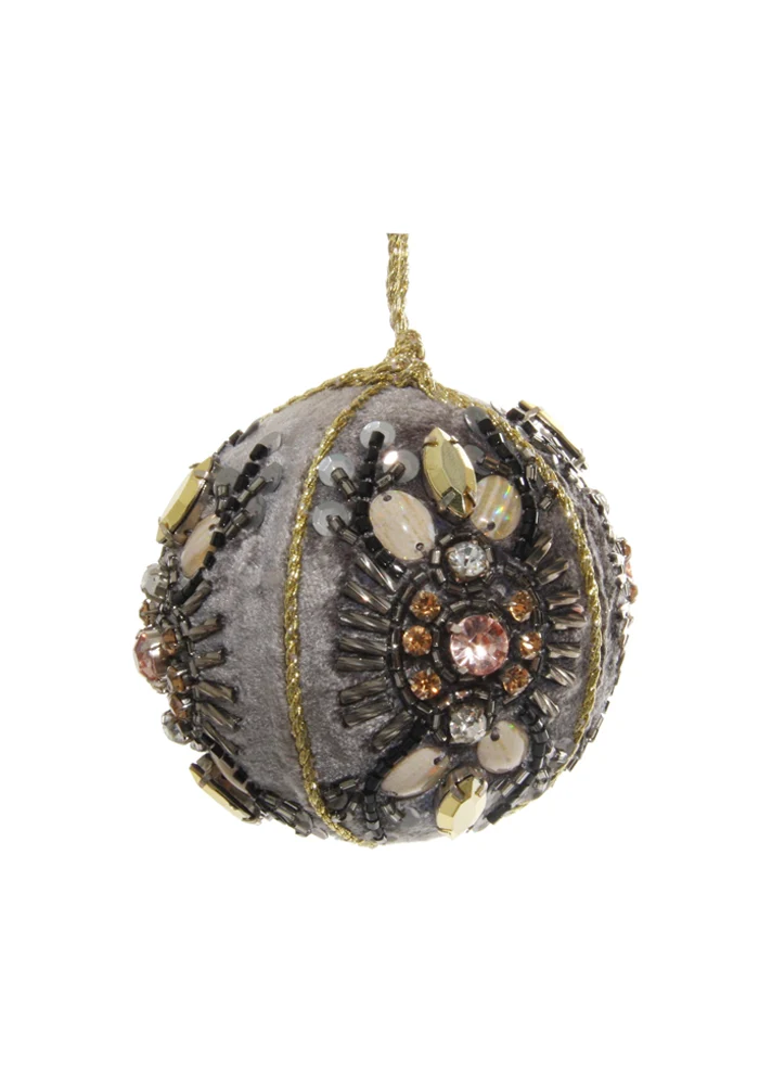 Boule De Noël Velours Gris Et Fleurs En Perles